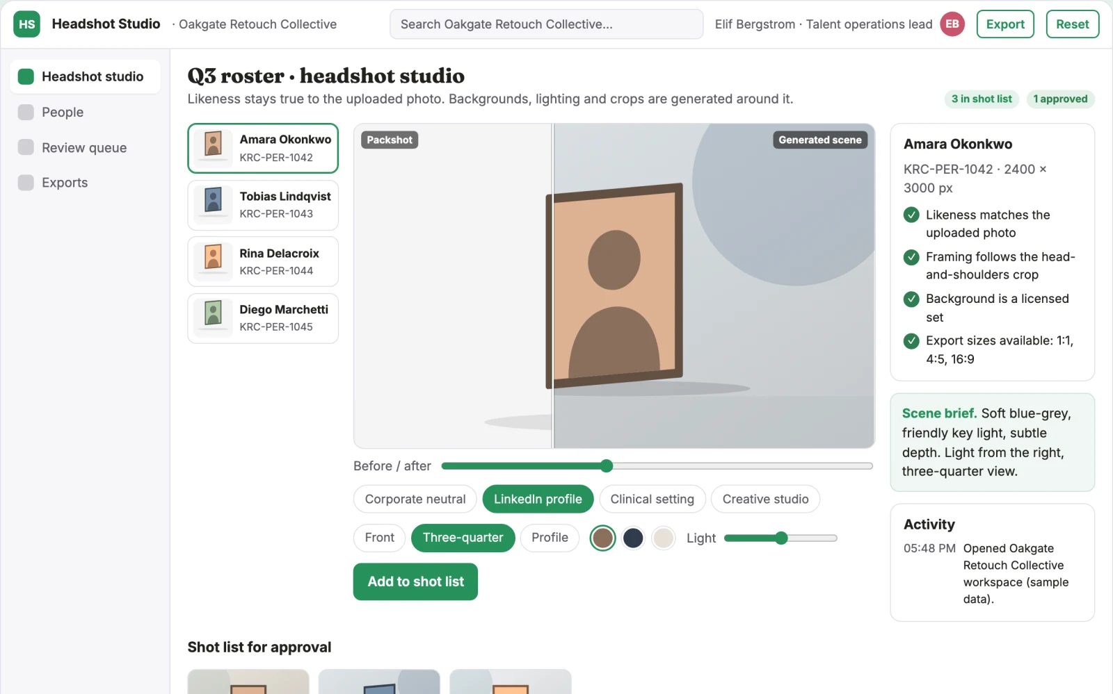Screenshot of the Professional headshot production and review platform interactive demo