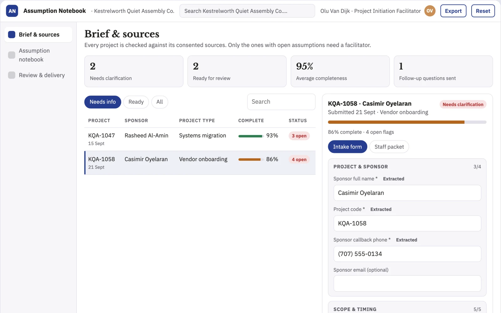Screenshot of the Project assumption interview notebook interactive demo