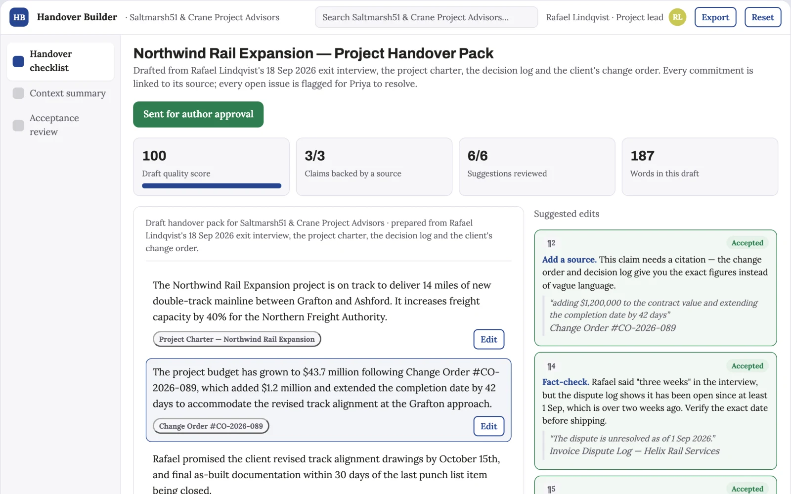 Demo screen of Project handover builder