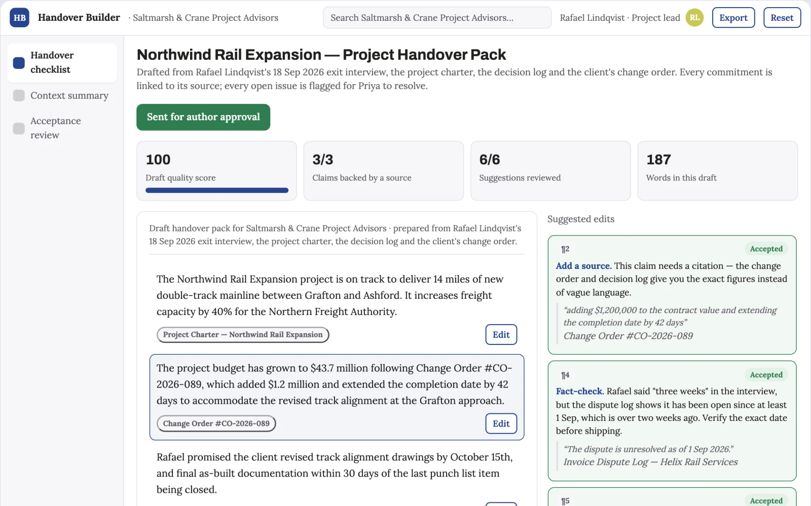 Screenshot of the Project handover builder interactive demo