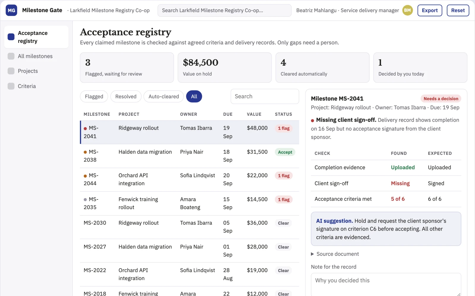 Screenshot of the Project milestone acceptance registry interactive demo