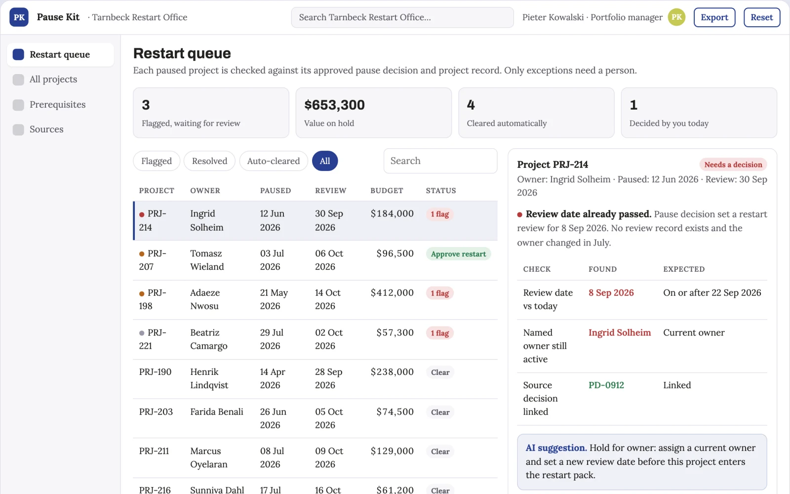 Screenshot of the Project pause restart kit interactive demo