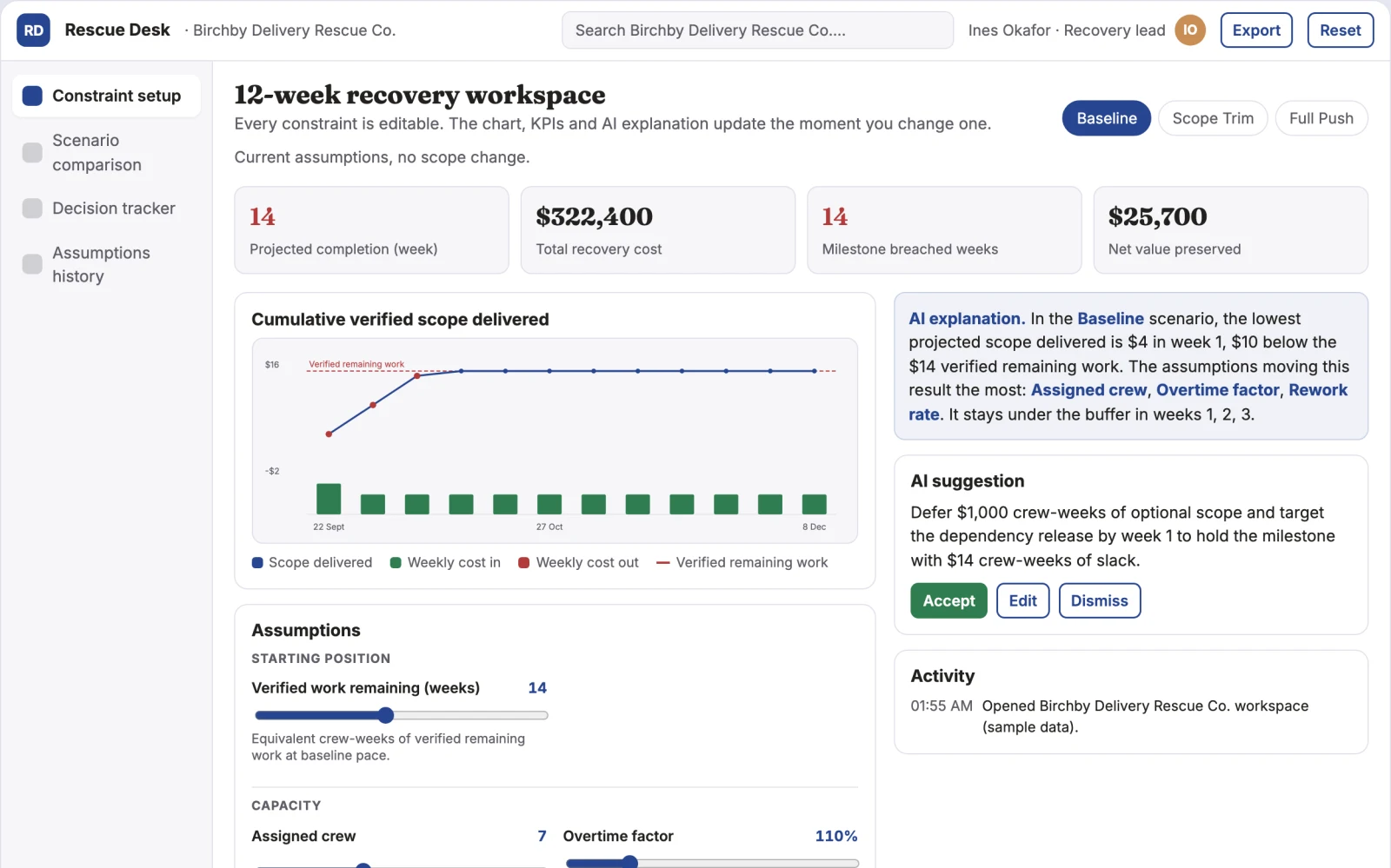 Screenshot of the Project rescue scope scenario desk interactive demo