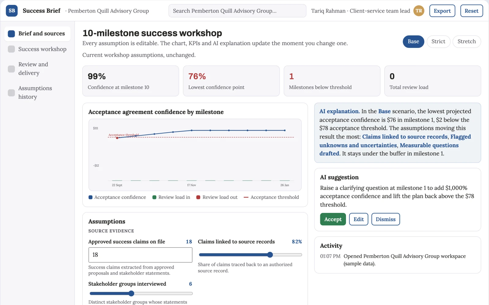 Screenshot of the Project success definition workshop interactive demo