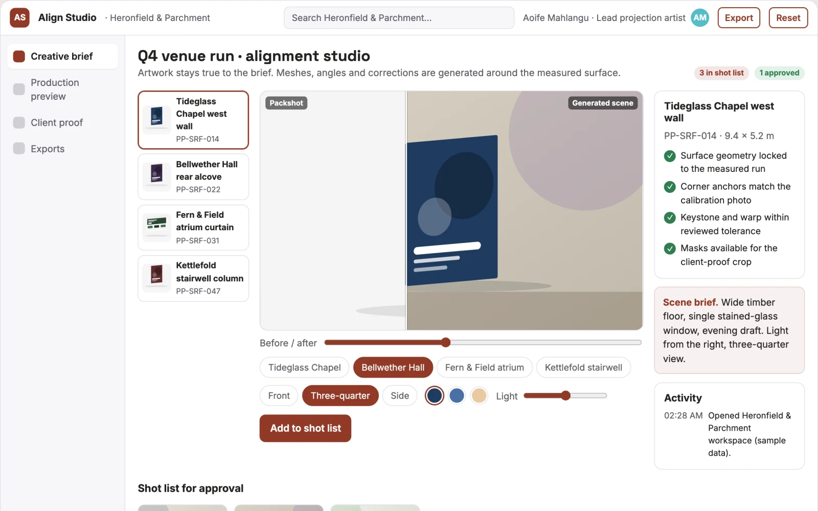 Screenshot of the Projection installation alignment studio interactive demo