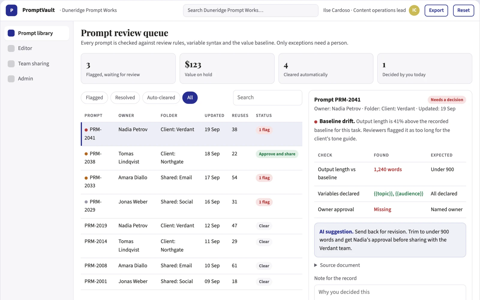 Screenshot of the Prompt library and reuse console interactive demo
