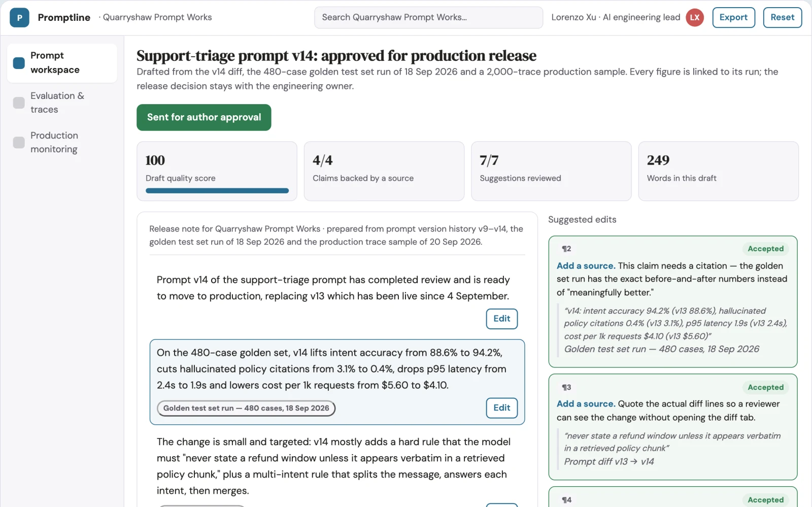 Screenshot of the Prompt lifecycle and LLM evaluation workbench interactive demo