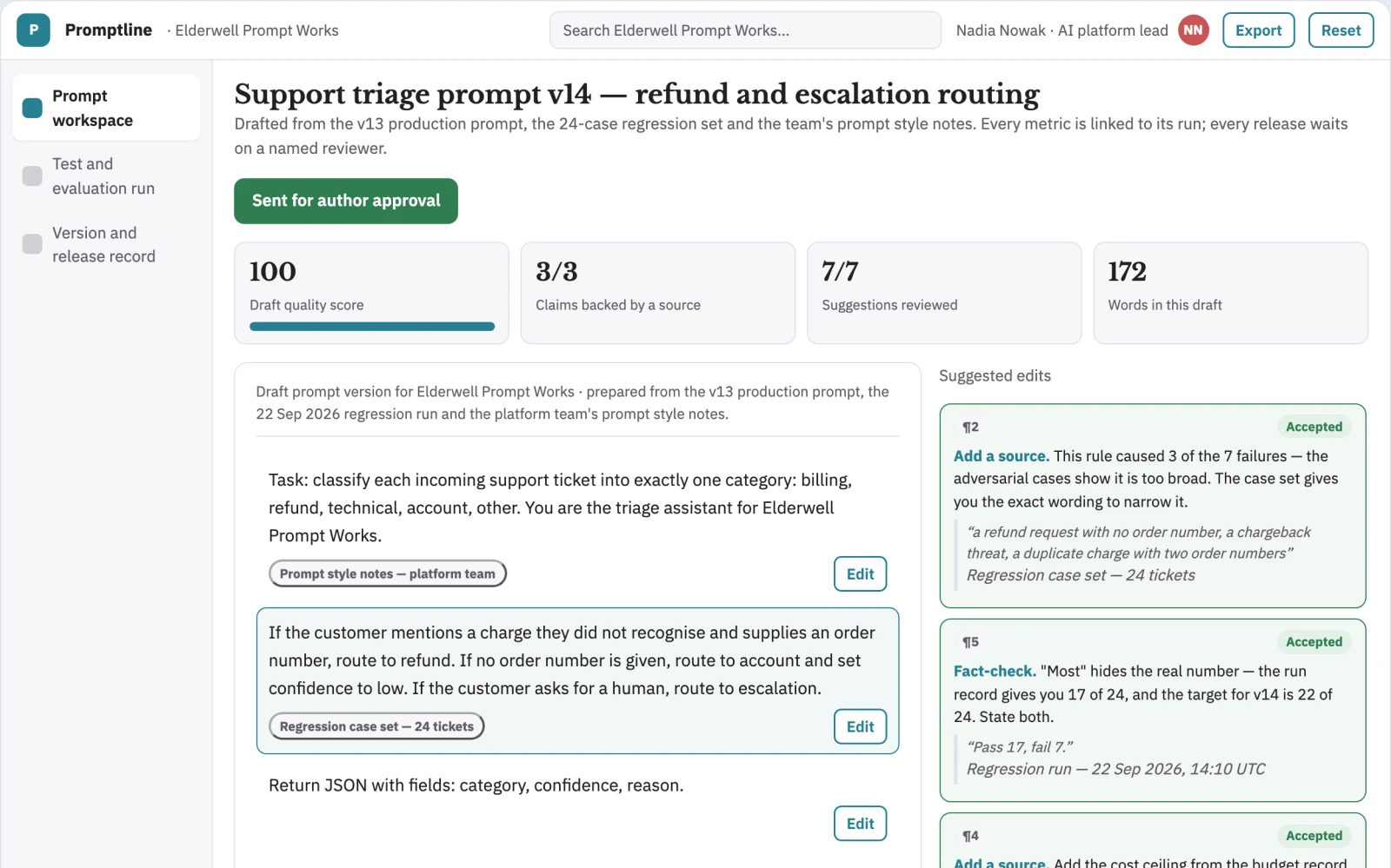 Screenshot of the Prompt lifecycle workbench for AI teams interactive demo