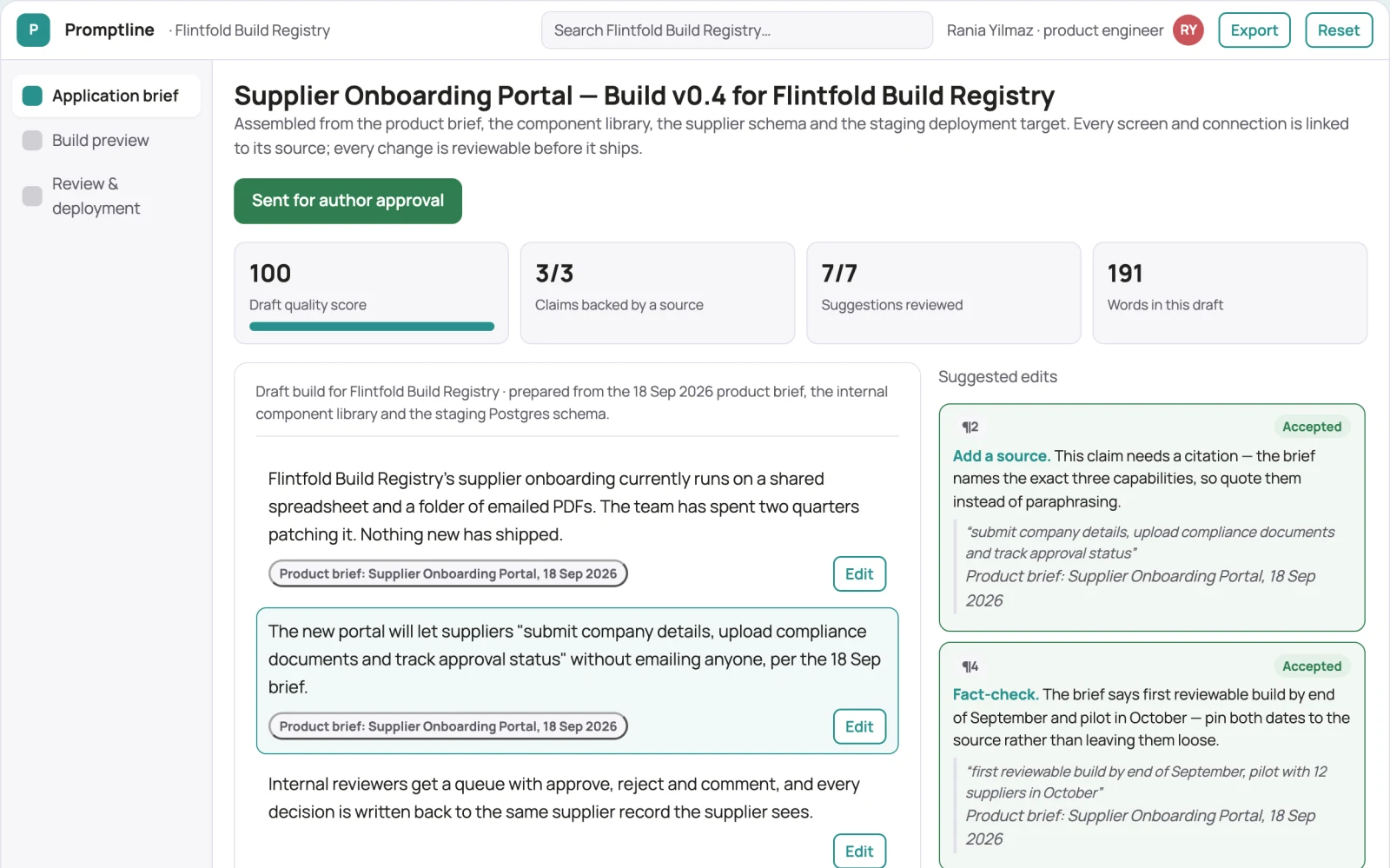 Screenshot of the Prompt-to-app delivery workspace with managed implementation interactive demo
