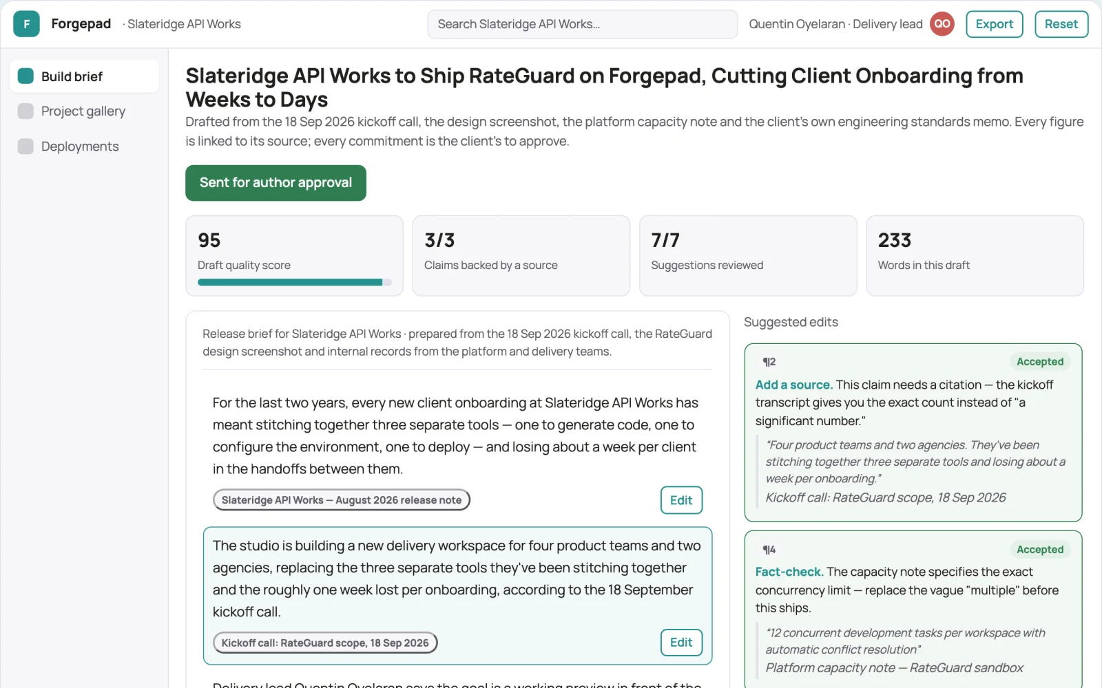 Screenshot of the Prompt-to-app delivery workspace with managed implementation interactive demo