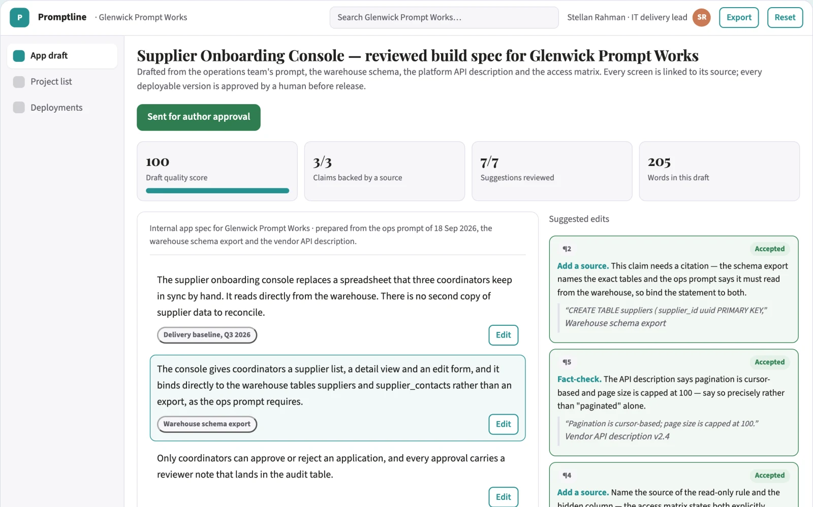 Screenshot of the Prompt-to-app internal tool delivery workspace interactive demo