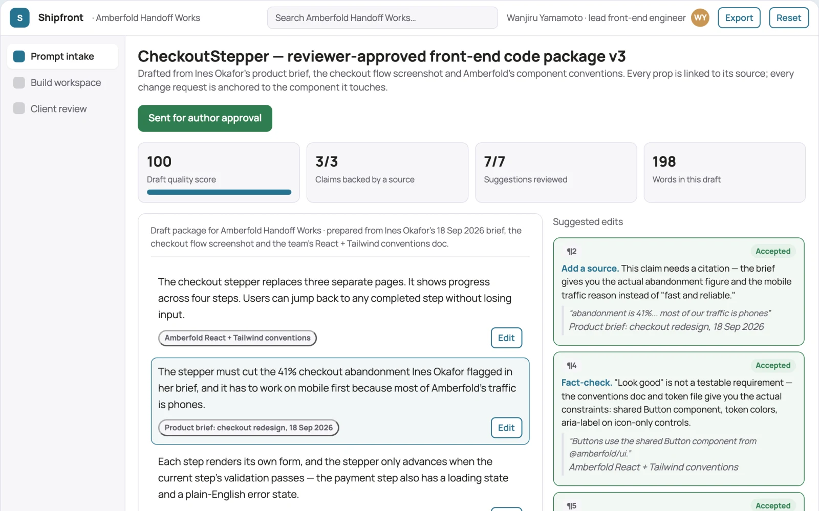Screenshot of the Prompt-to-front-end code delivery workspace interactive demo