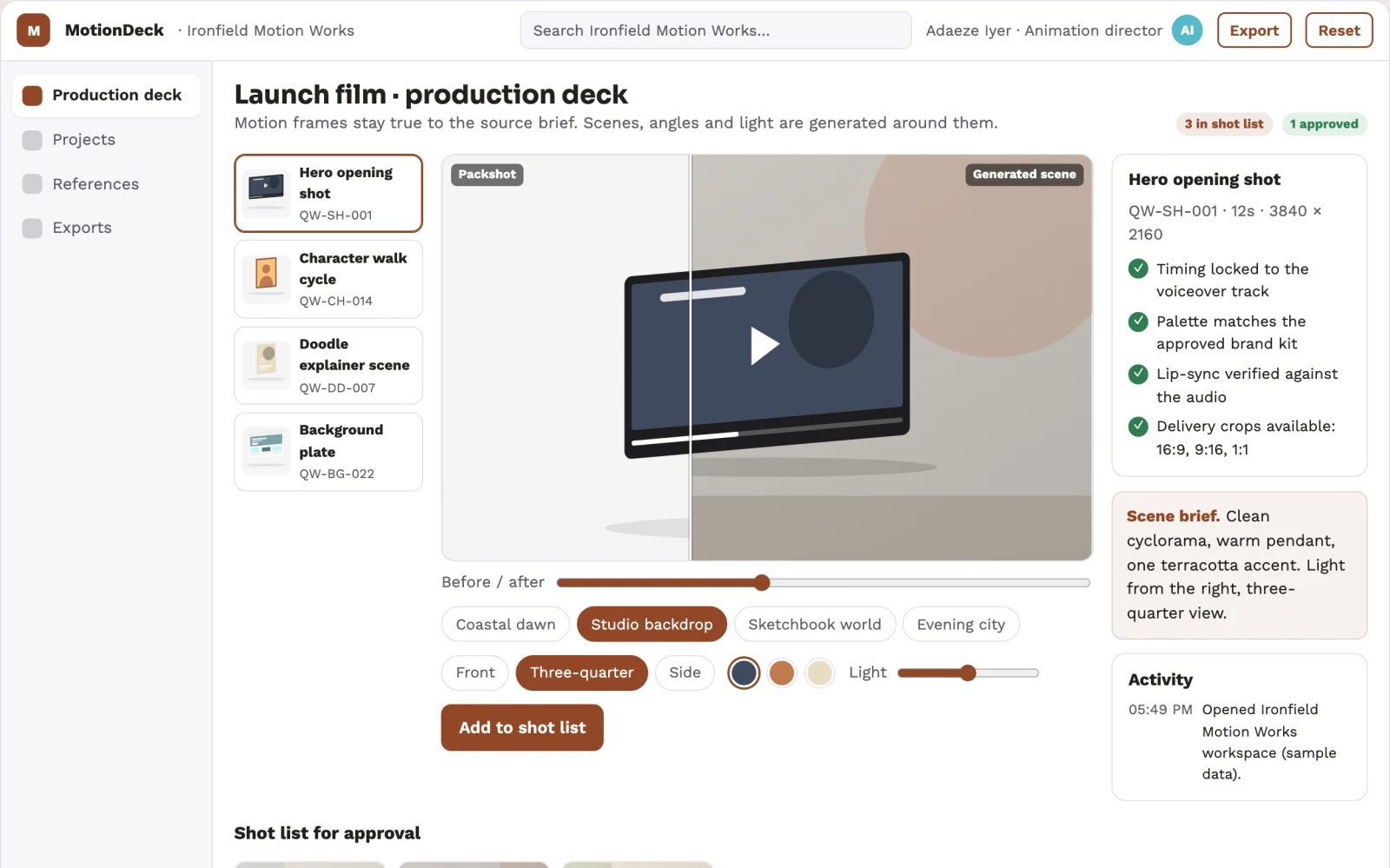 Screenshot of the Prompt-to-motion animation production studio interactive demo