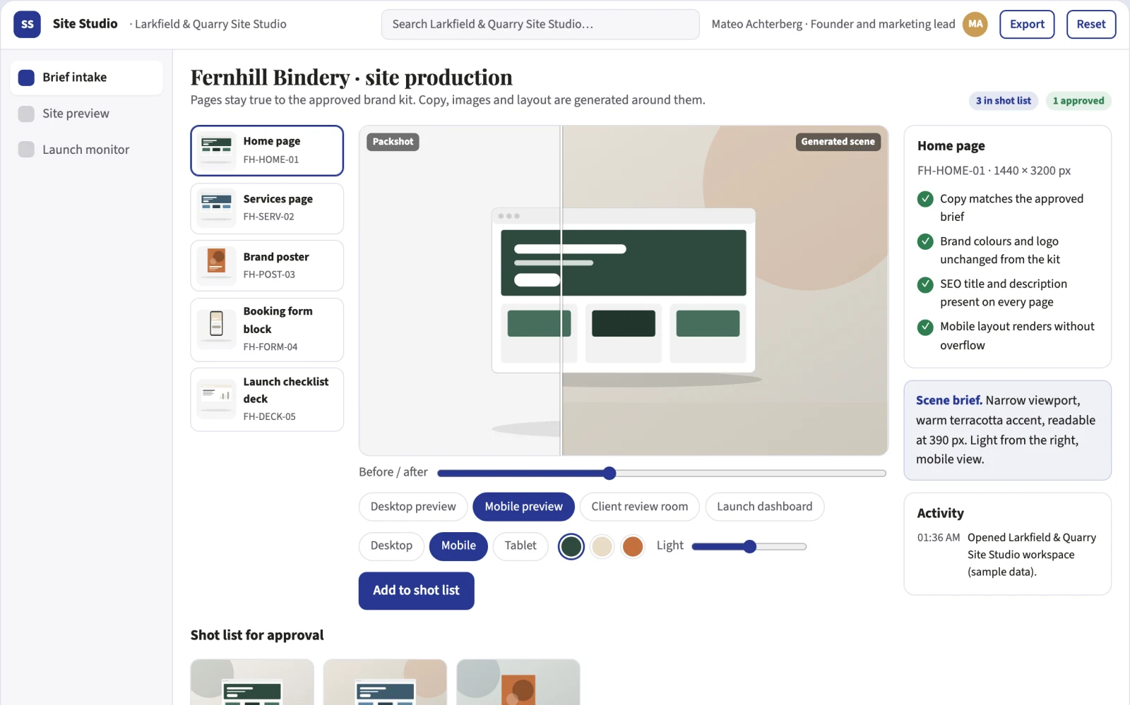 Screenshot of the Prompt-to-published website production workbench interactive demo