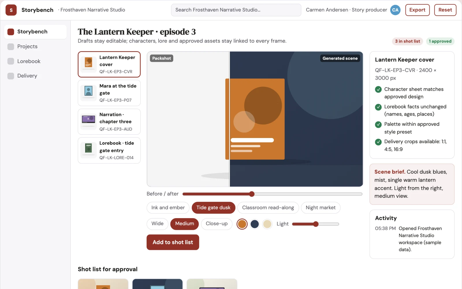 Screenshot of the Prompt-to-story visual production workbench interactive demo