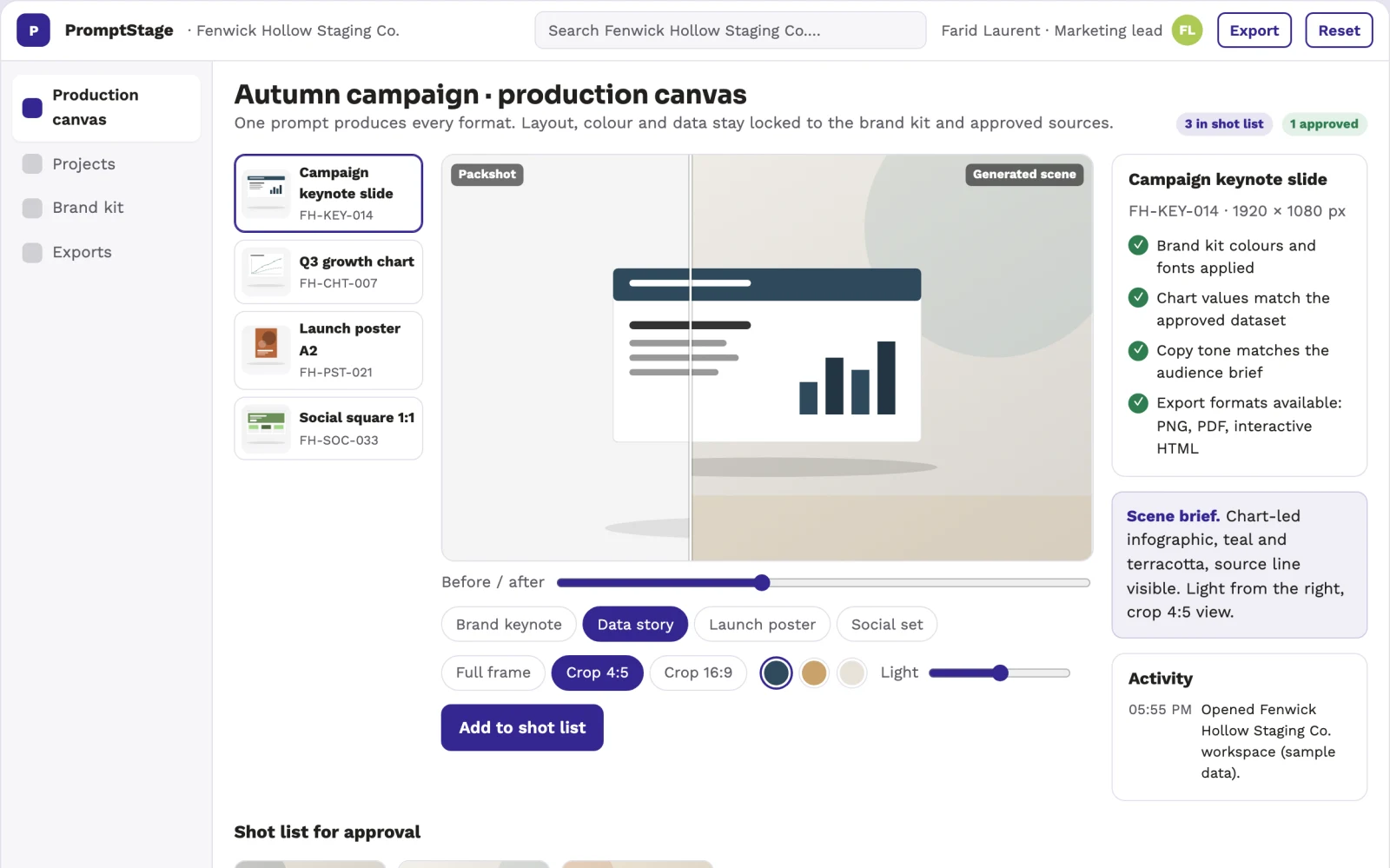 Screenshot of the Prompt-to-visual production and brand review workbench interactive demo