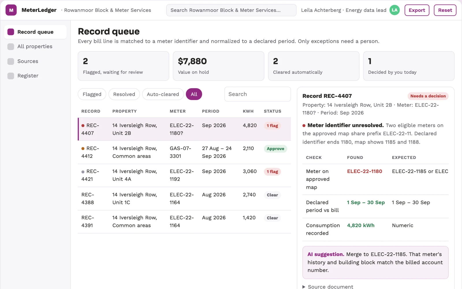 Screenshot of the Property energy record organizer interactive demo