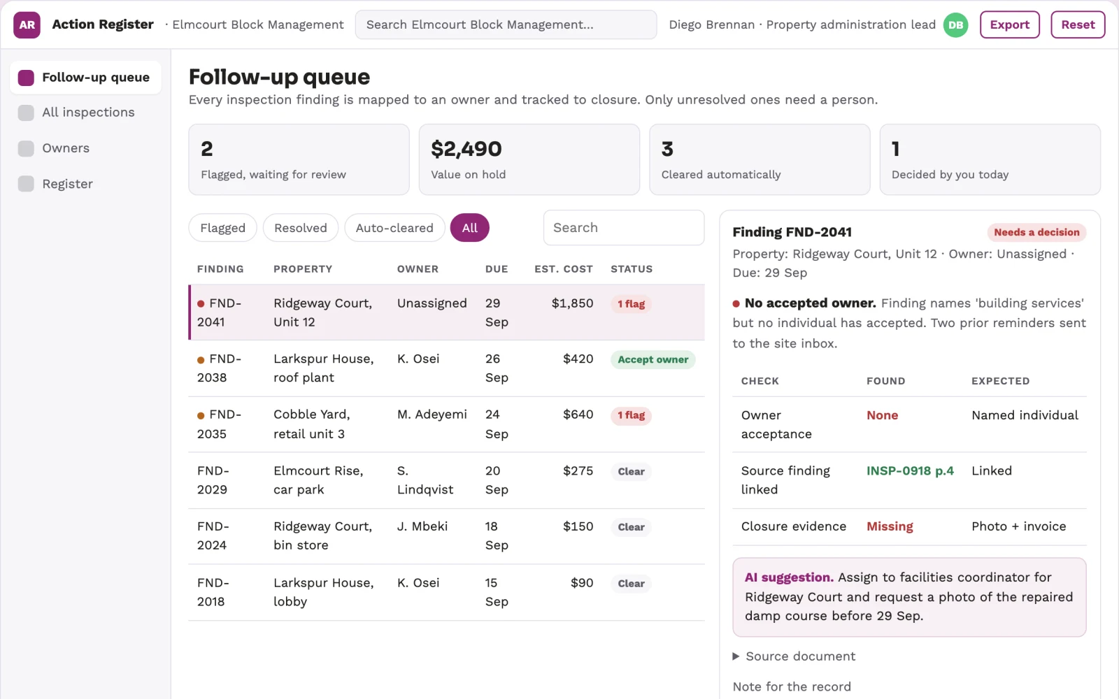 Screenshot of the Property inspection follow-up ownership interactive demo