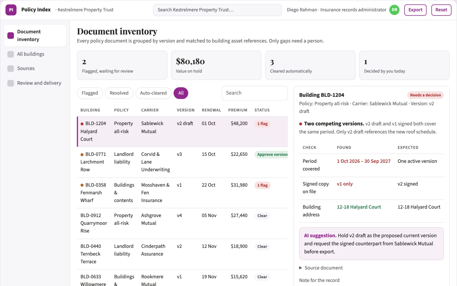 Screenshot of the Property insurance document inventory interactive demo