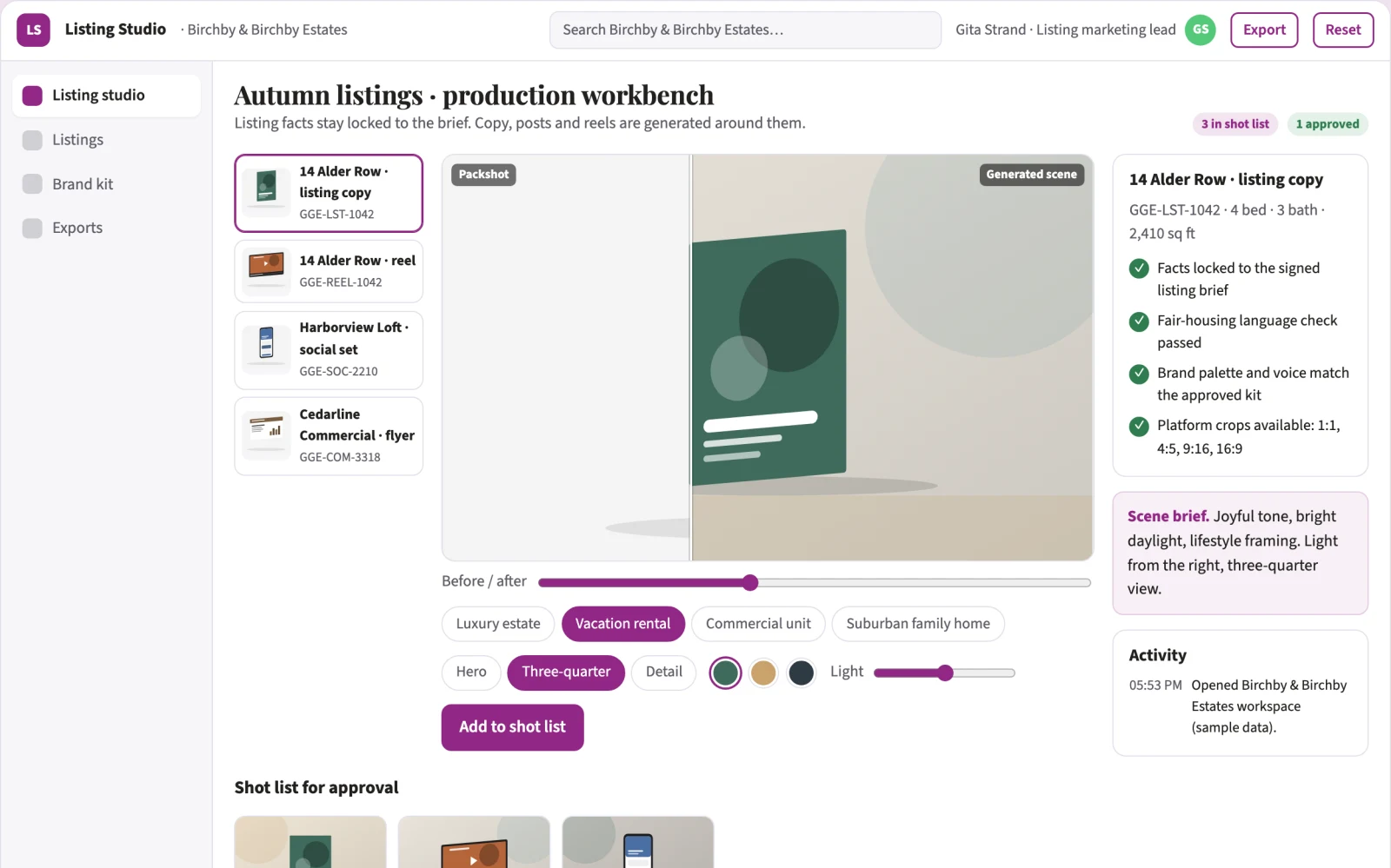 Screenshot of the Property listing written and video marketing workbench interactive demo