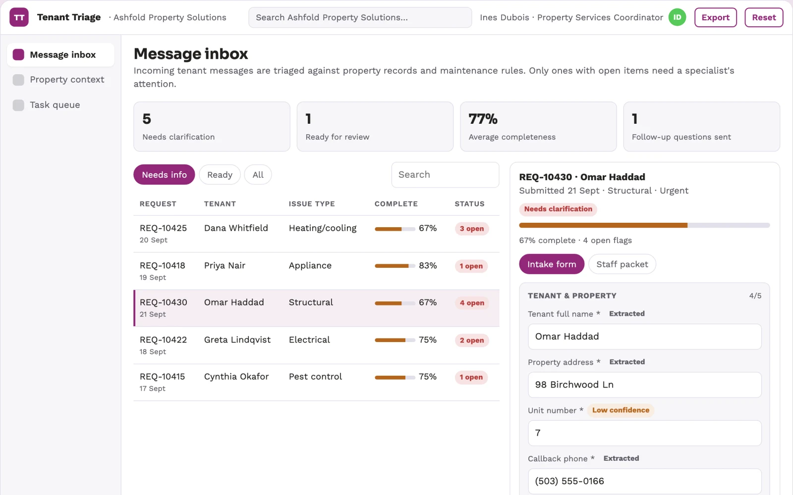 Demo screen of Property management inbox service