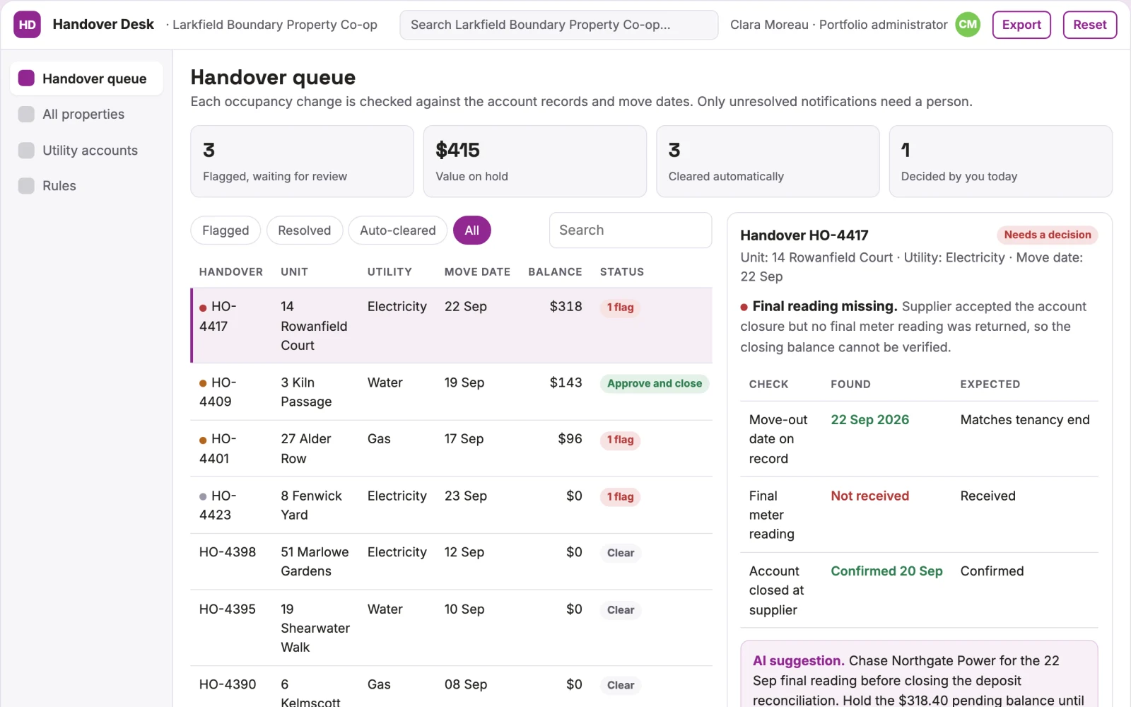 Screenshot of the Property utility account handover interactive demo