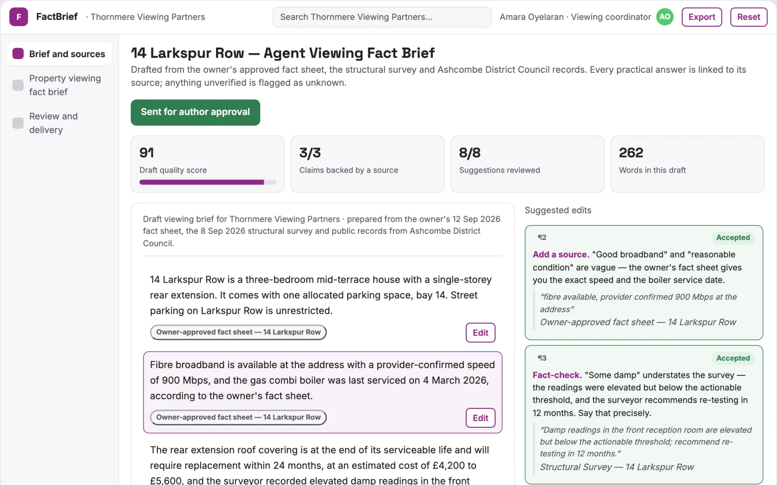 Screenshot of the Property viewing fact brief interactive demo
