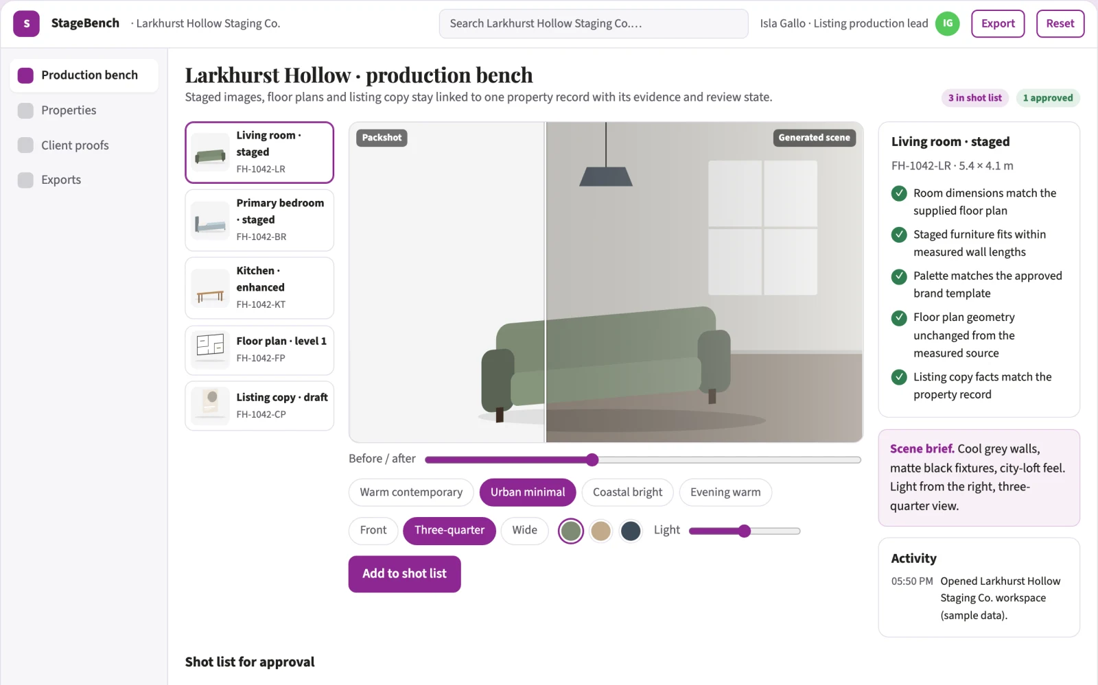 Screenshot of the Property visual production and staging workbench interactive demo