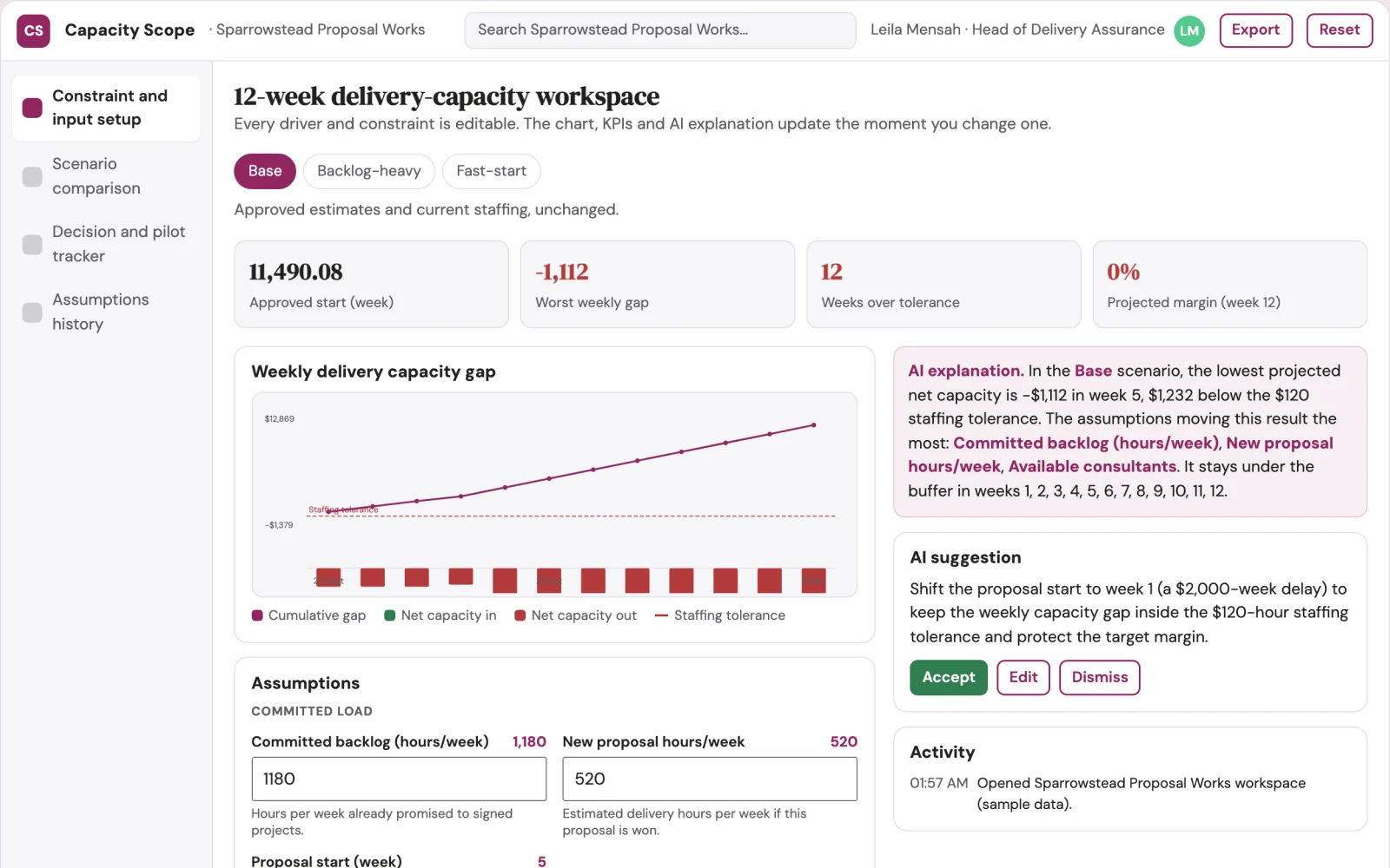 Screenshot of the Proposal delivery-capacity feasibility engine interactive demo