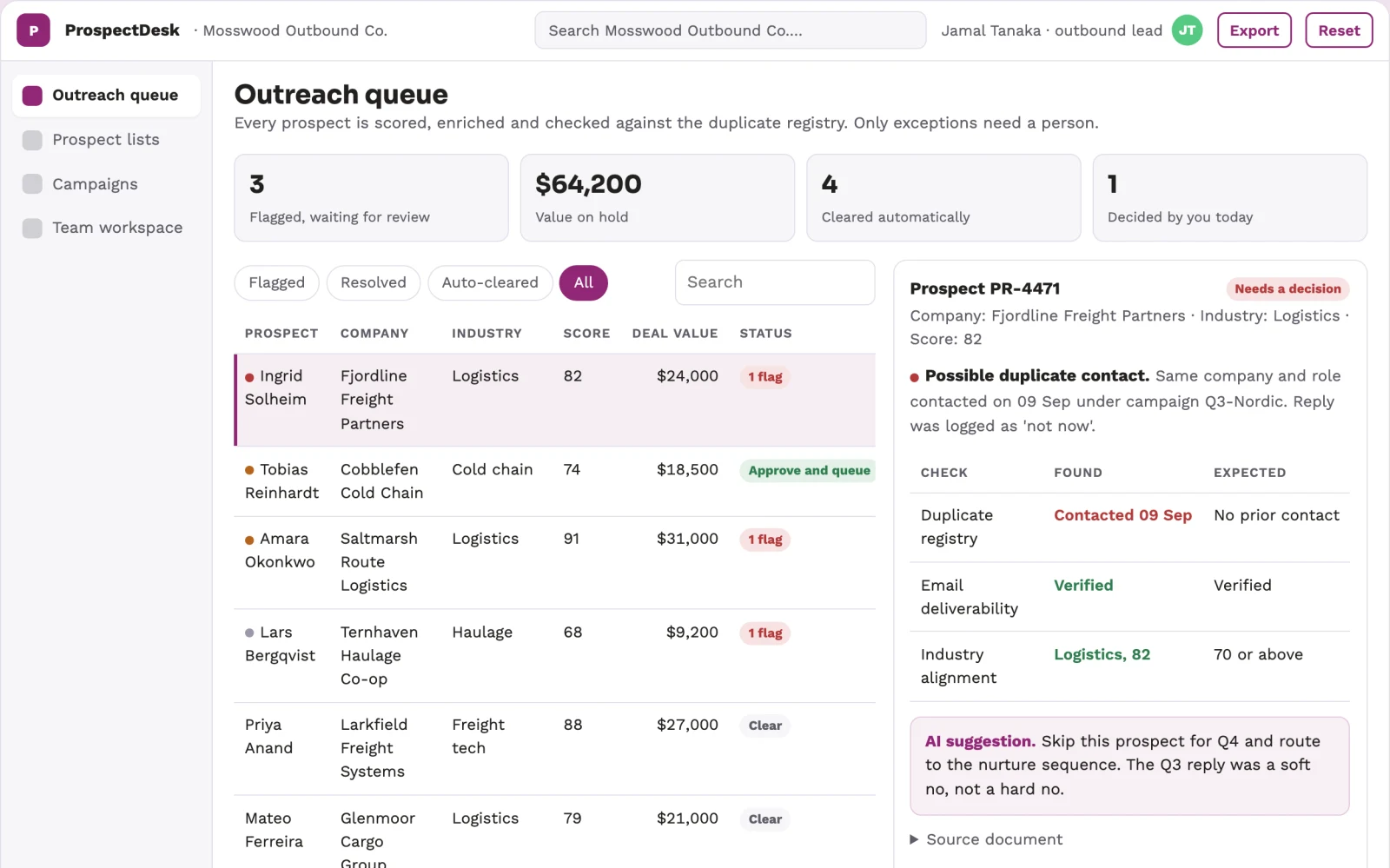 Screenshot of the Prospect research and outreach coordination portal interactive demo