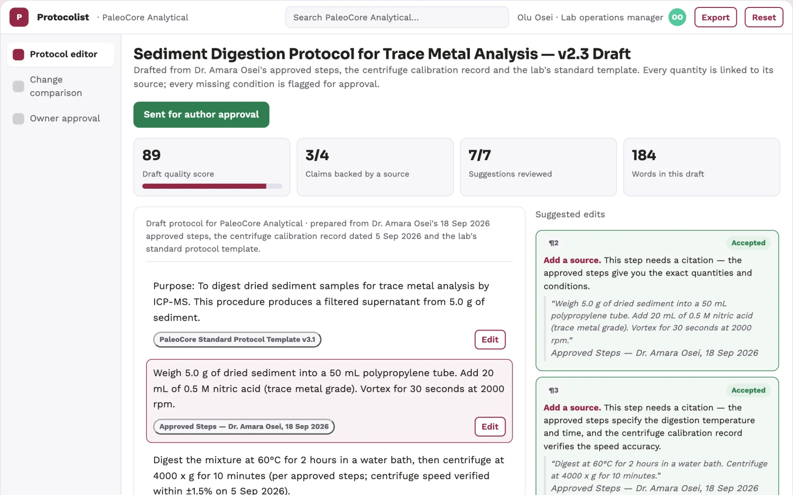 Demo screen of Protocol documentation assistant