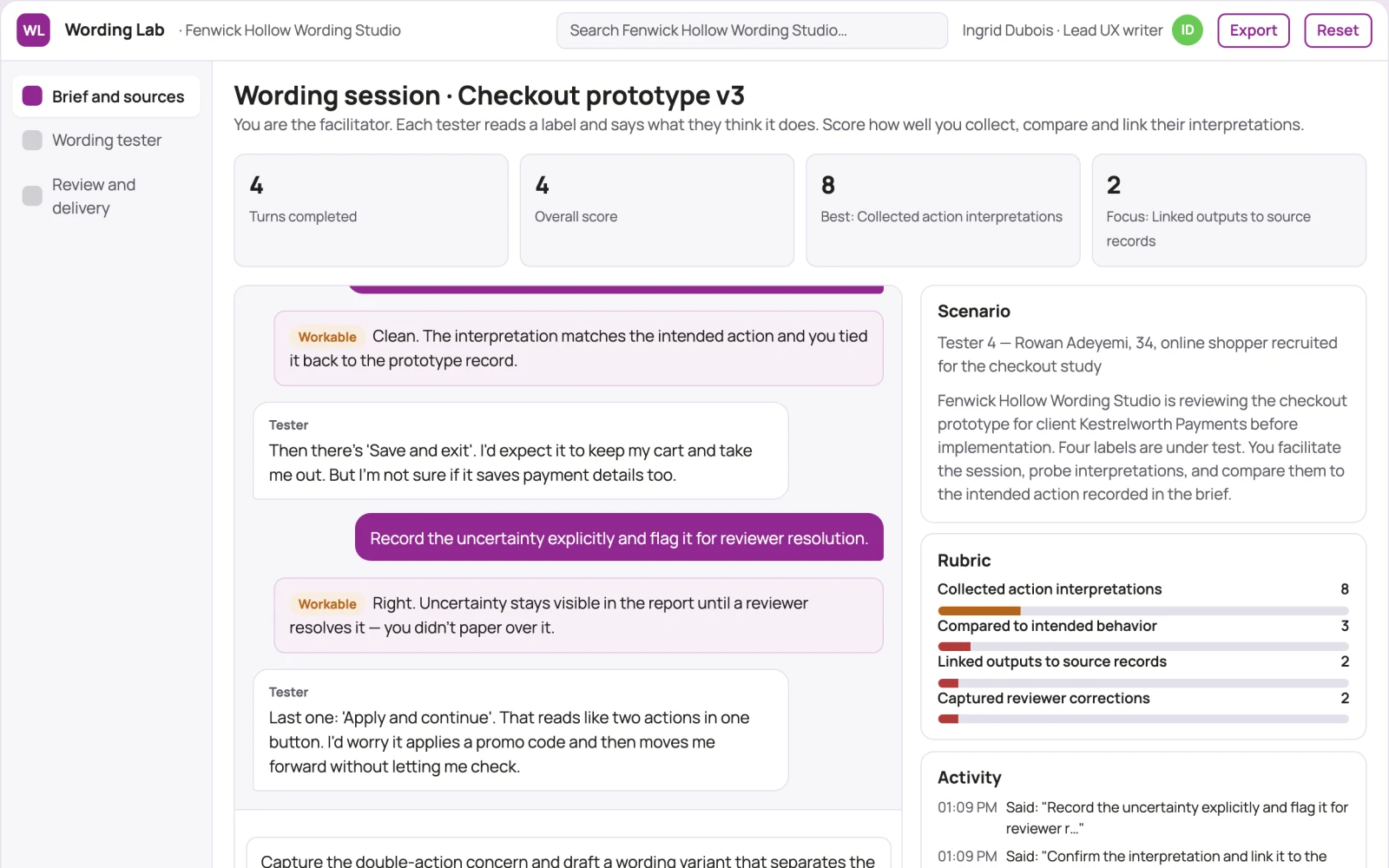 Screenshot of the Prototype interaction wording tester interactive demo