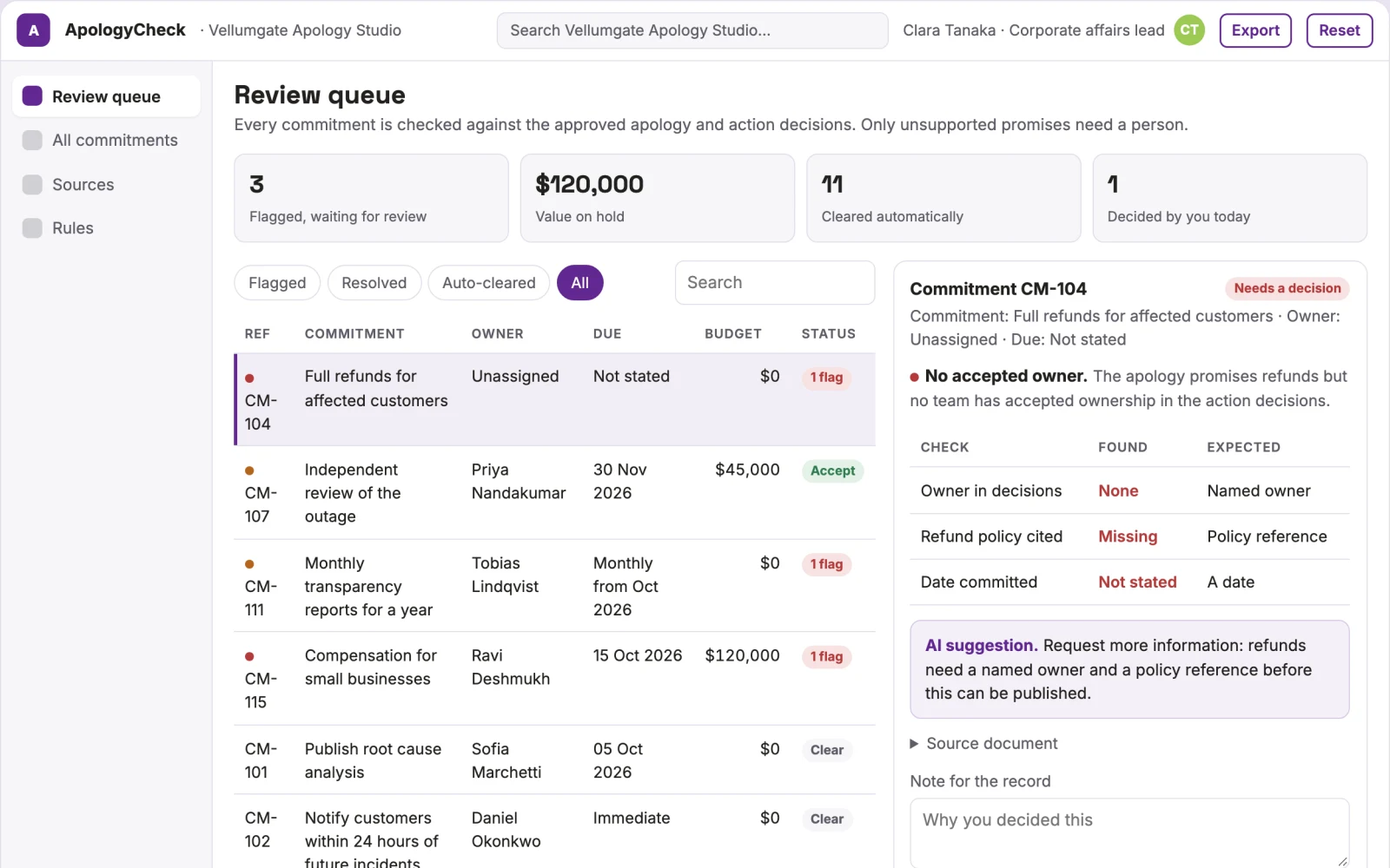Screenshot of the Public apology commitment checklist interactive demo