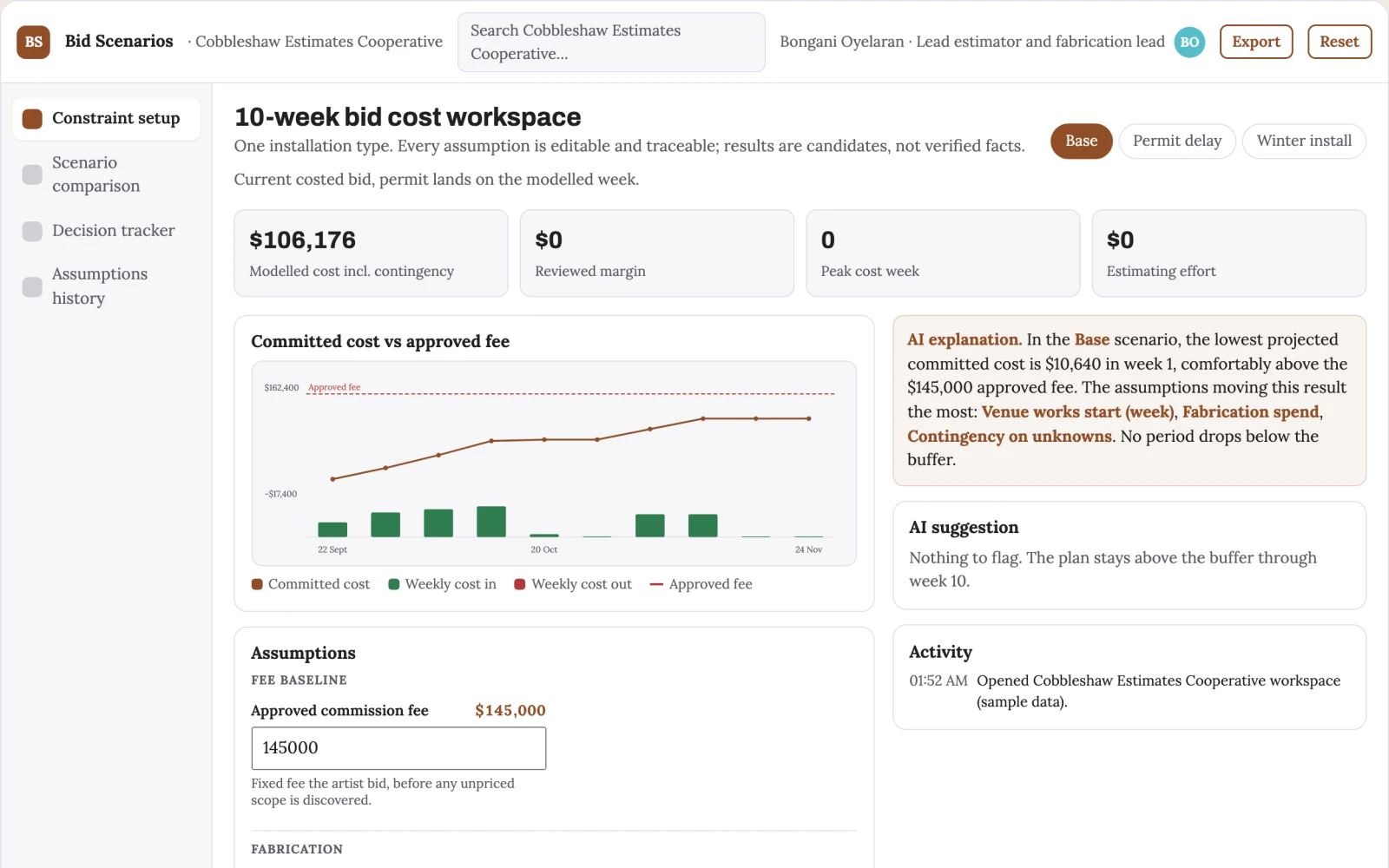 Screenshot of the Public-art installation bid estimator interactive demo
