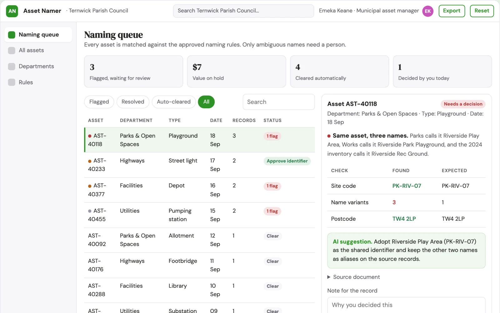 Screenshot of the Public asset naming harmonizer interactive demo