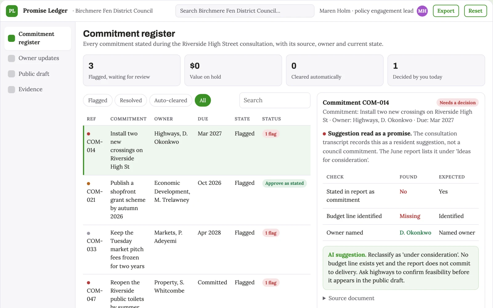 Screenshot of the Public consultation commitment tracker interactive demo