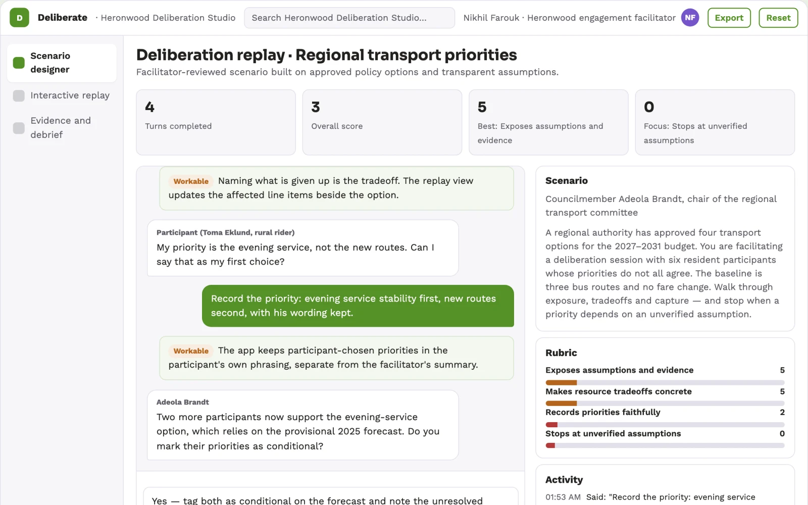 Screenshot of the Public consultation deliberation simulator interactive demo