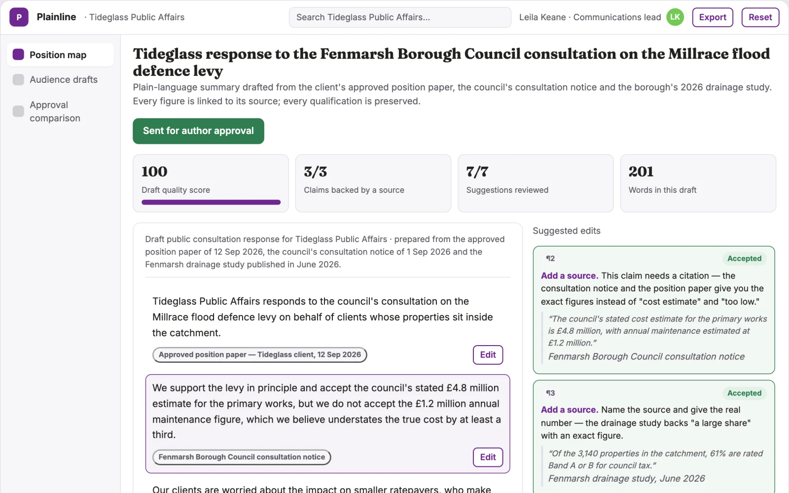 Screenshot of the Public consultation plain-language response studio interactive demo