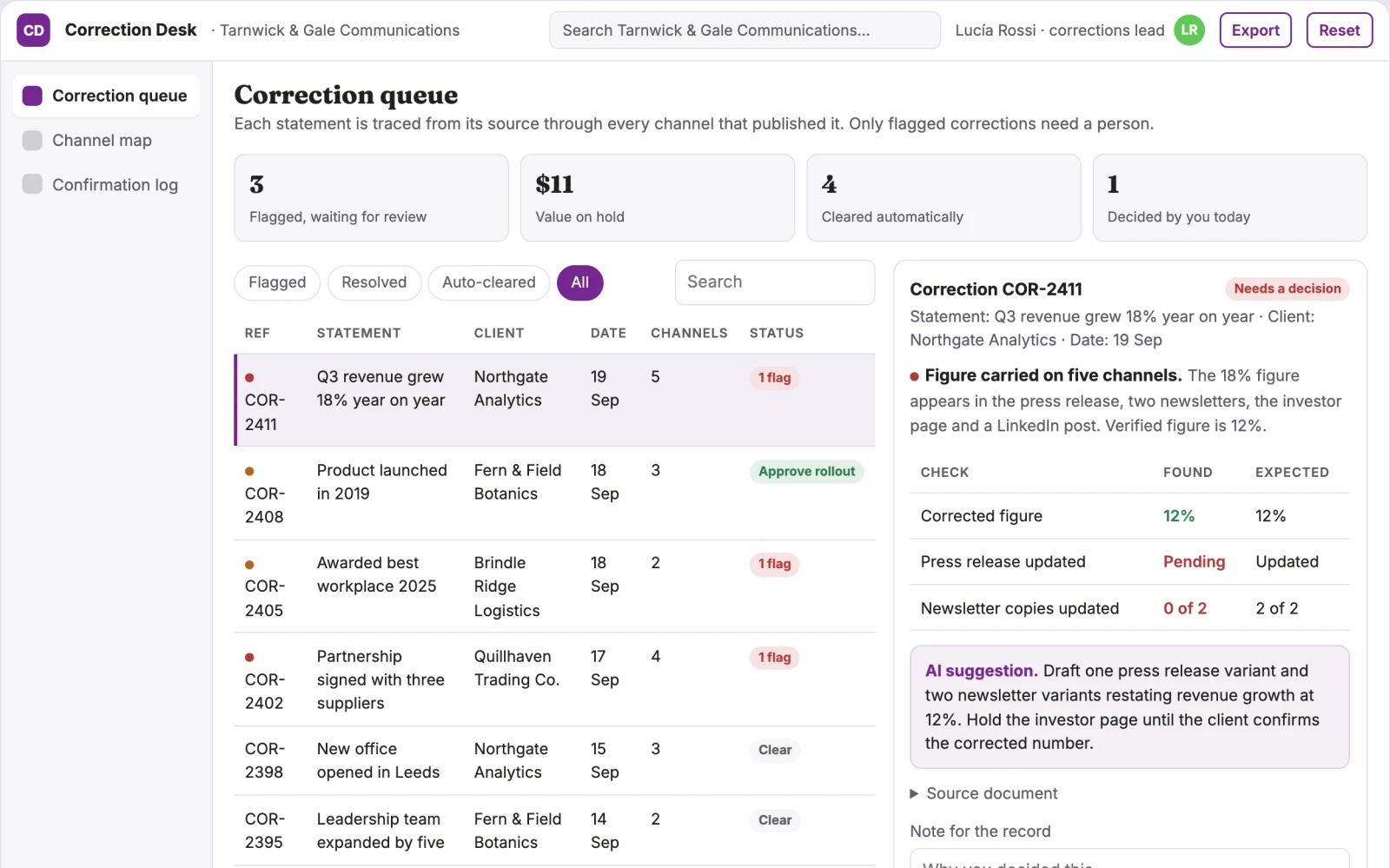 Screenshot of the Public correction coordination desk interactive demo