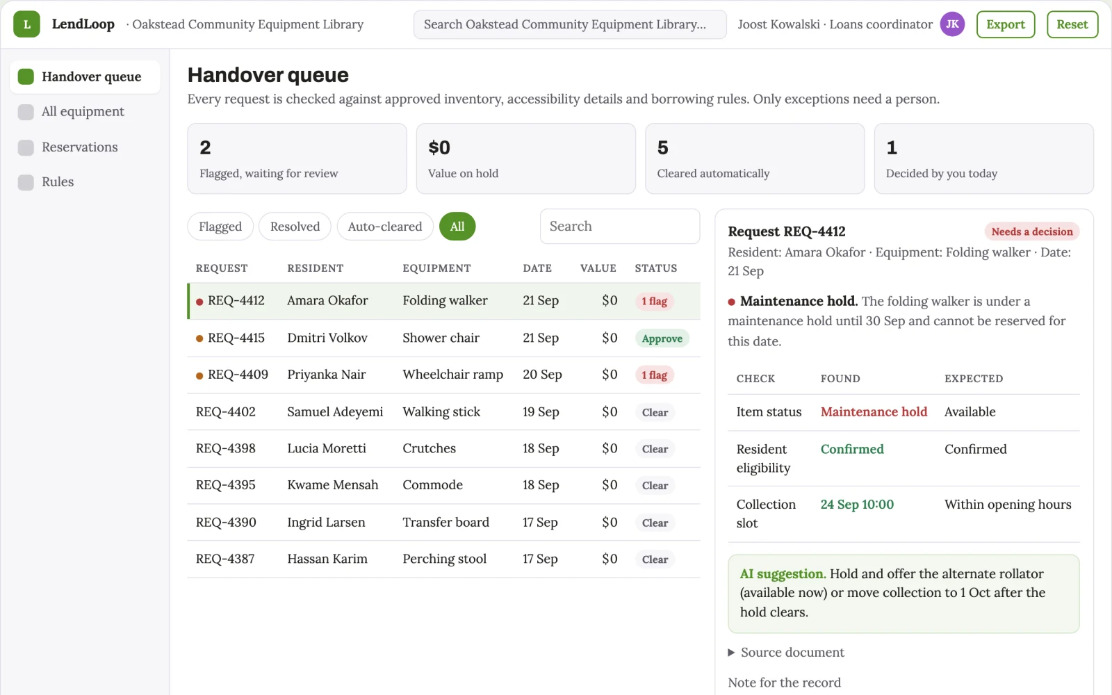 Screenshot of the Public equipment lending access portal interactive demo