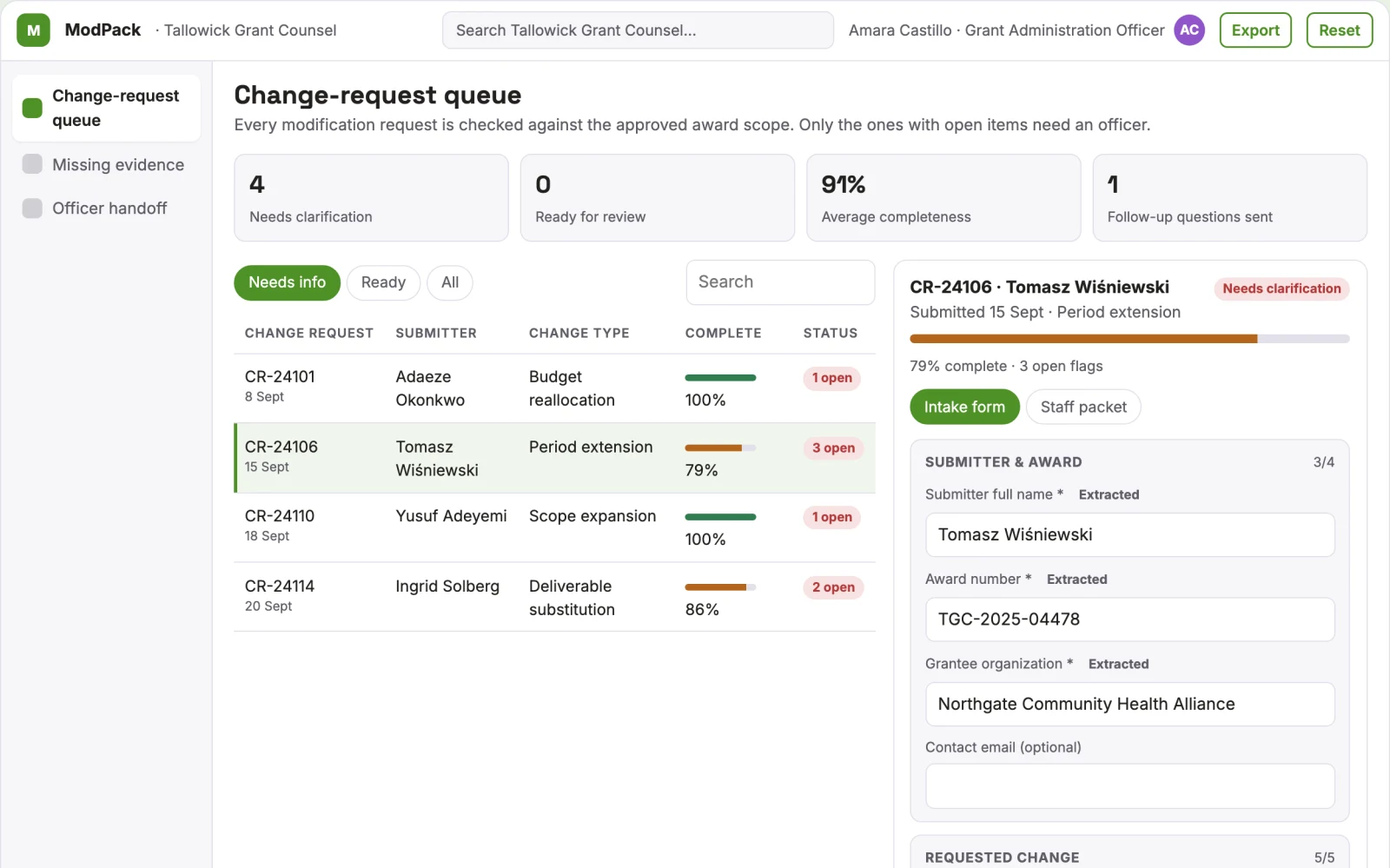 Screenshot of the Public funding change-request organizer interactive demo