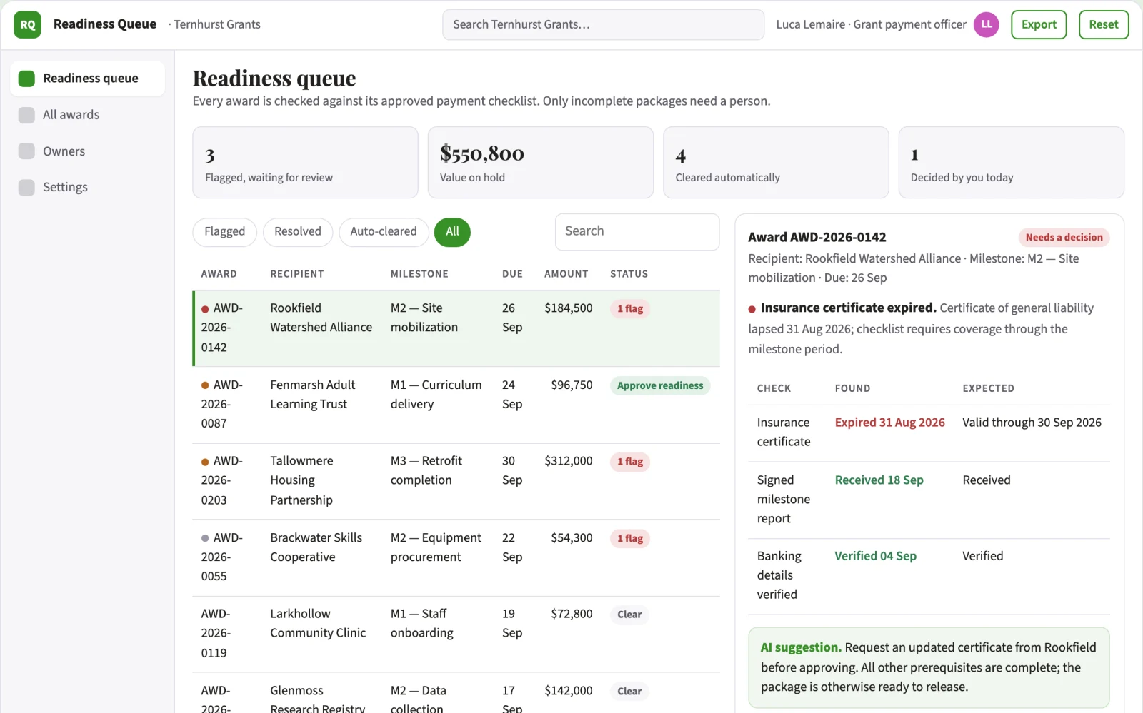 Screenshot of the Public grant disbursement readiness engine interactive demo