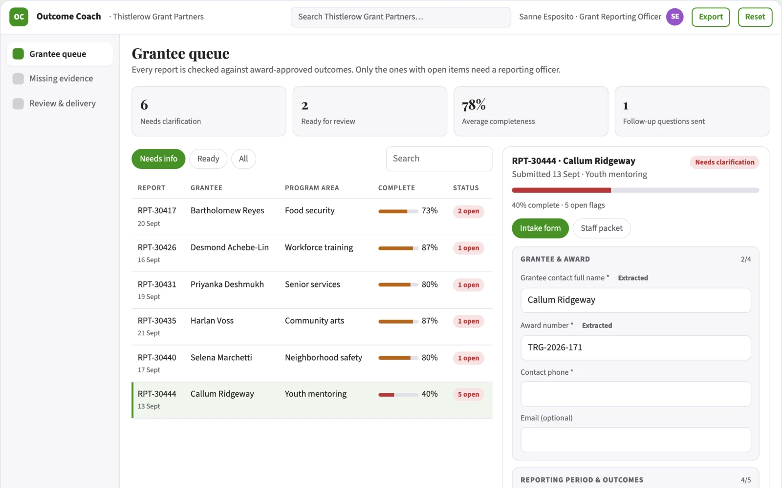 Screenshot of the Public grant outcome evidence coach interactive demo