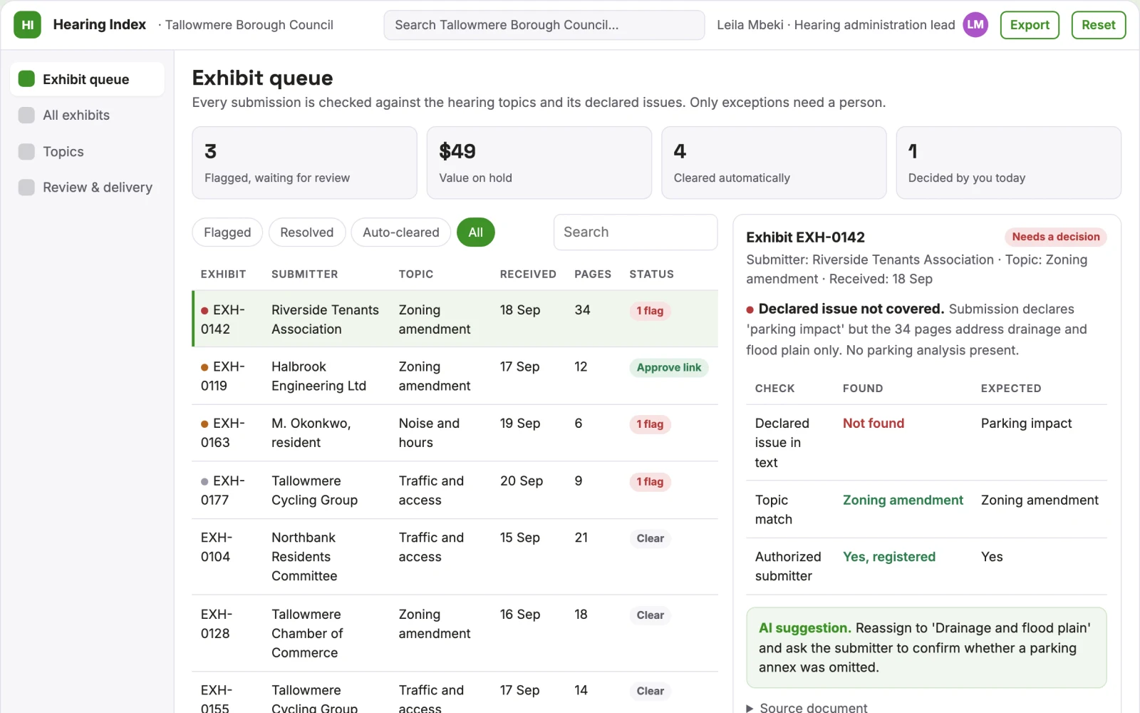 Screenshot of the Public hearing submission organizer interactive demo