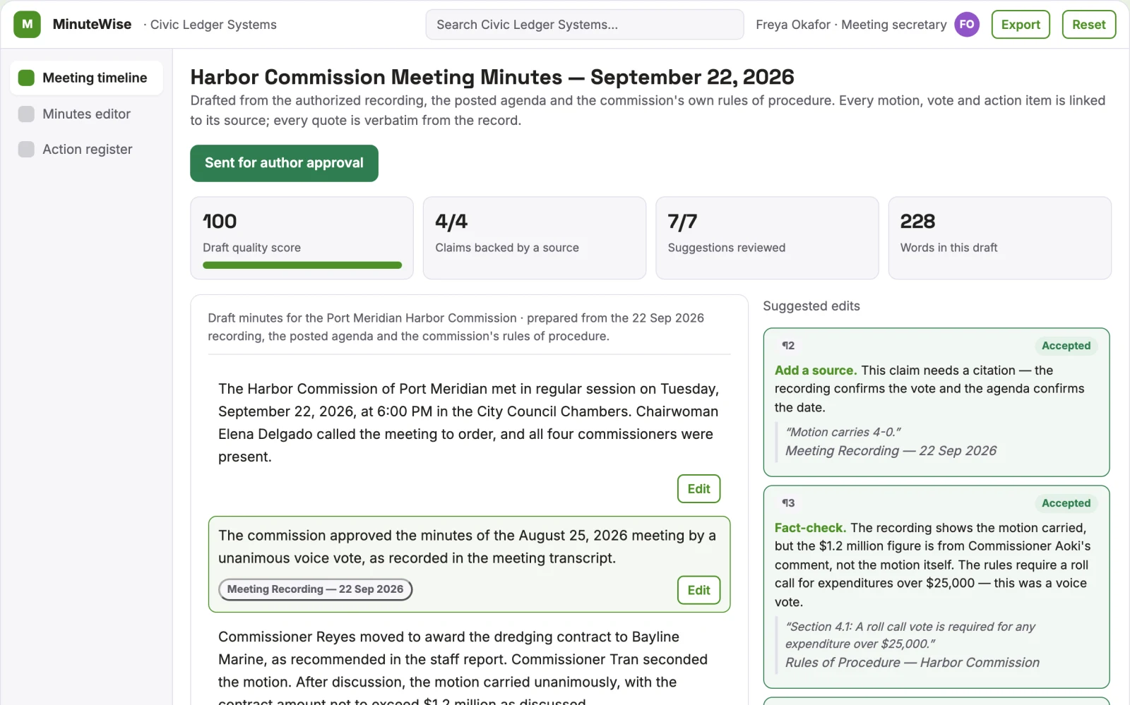 Demo screen of Public meeting summary service