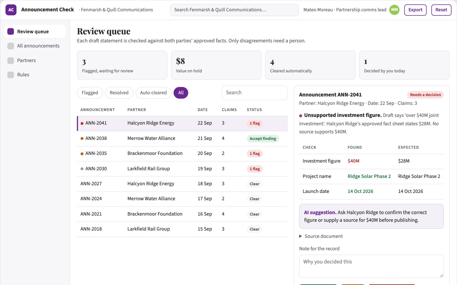 Screenshot of the Public partnership announcement checker interactive demo