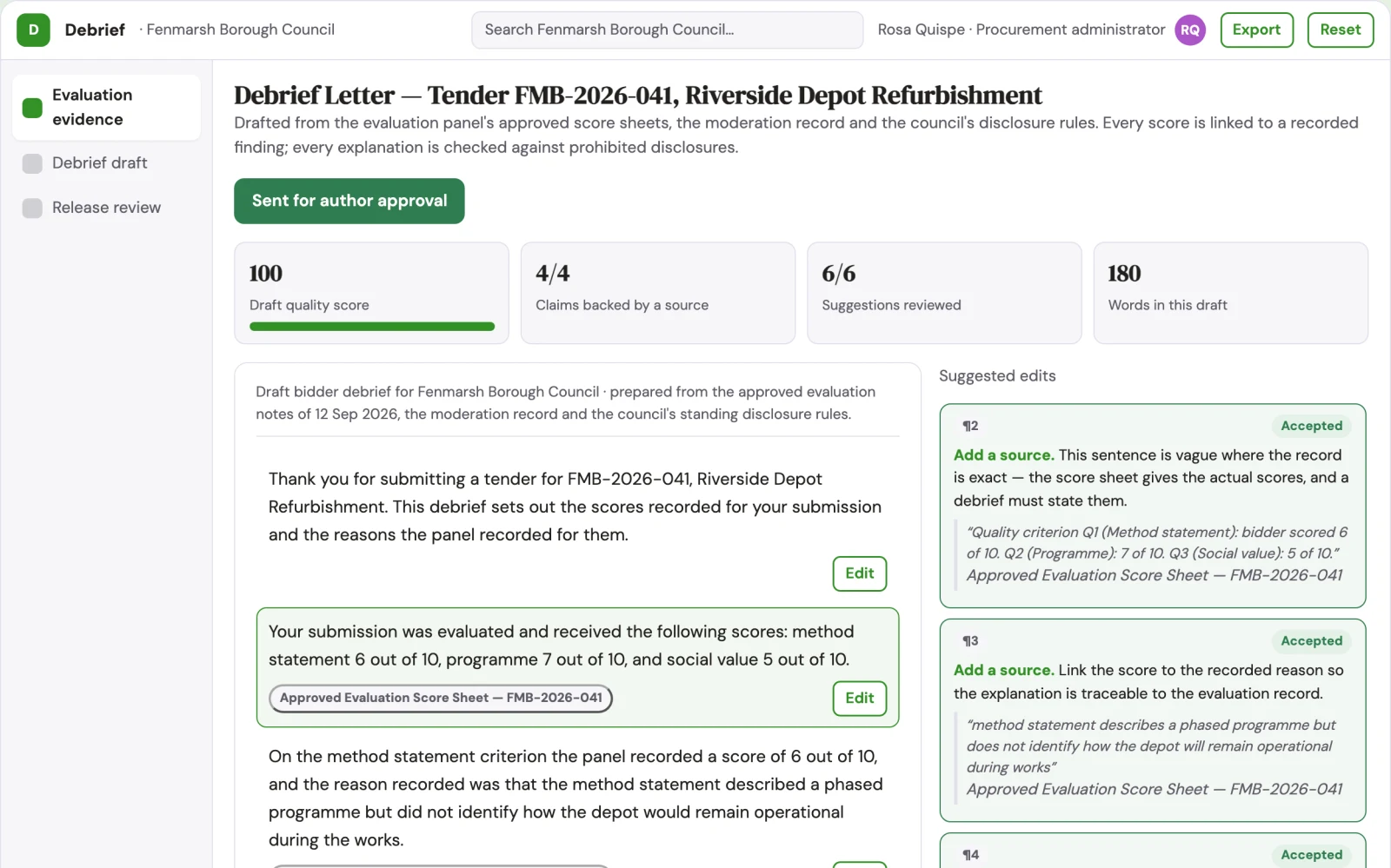 Screenshot of the Public procurement debrief builder interactive demo