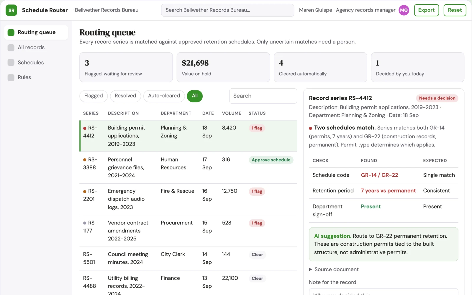 Screenshot of the Public records retention routing interactive demo