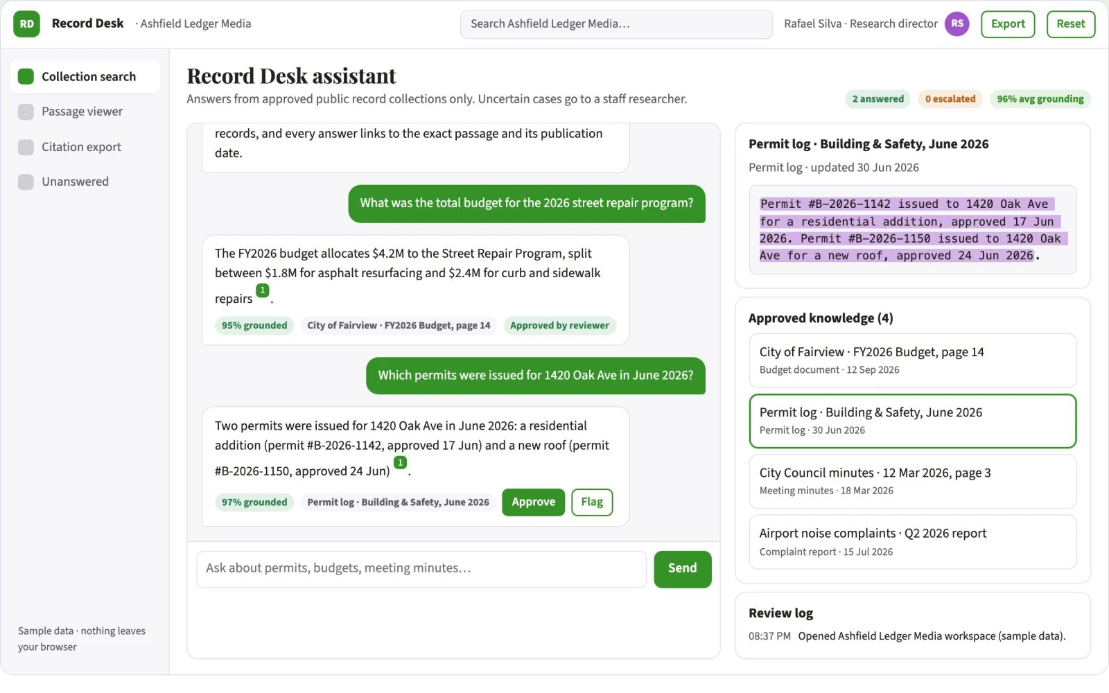 Demo screen of Public records search assistant