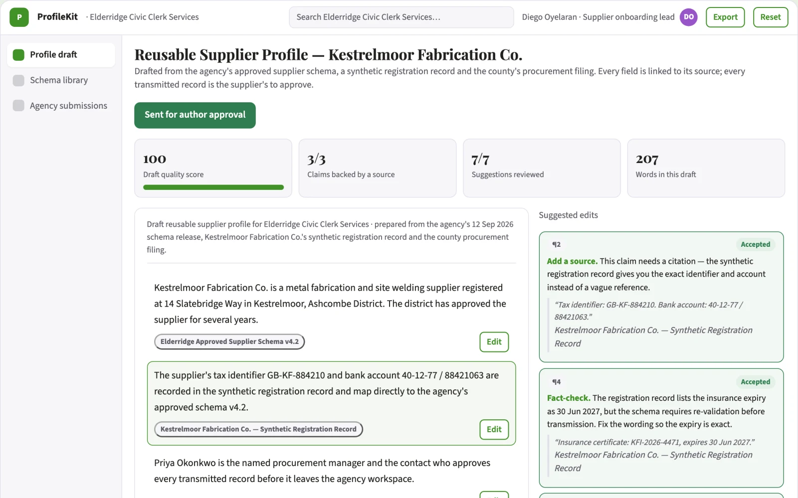 Screenshot of the Public-sector supplier onboarding API kit interactive demo